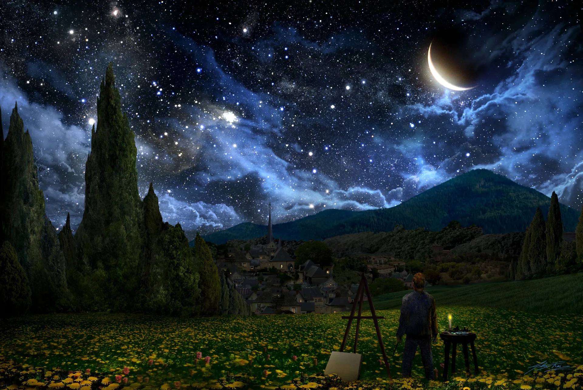 Night landscape with a crescent moon, mountains and an artist in a field
